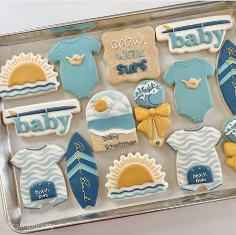 Fondant Biscuits, Surfer Baby Shower, Surfer Baby, Surf Baby, Ocean Baby Showers, Onesie Cookies, Beach Cookies, Beach Baby Showers, Baby Bash