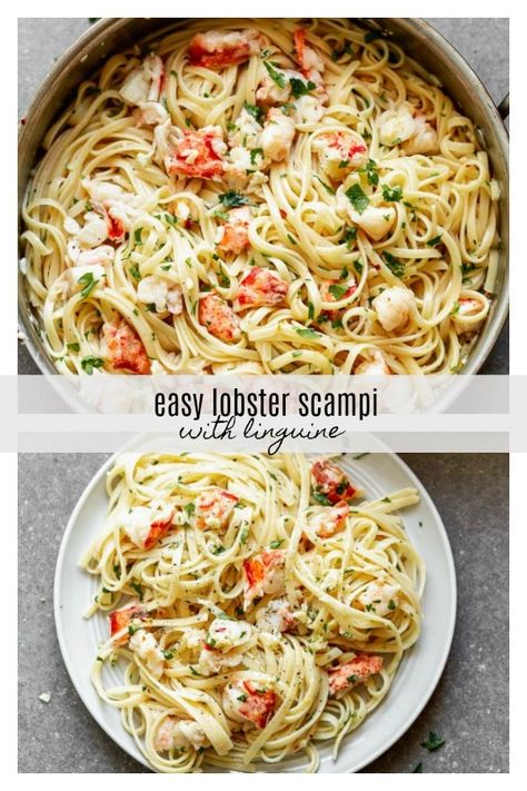 Lobster Scampi with Linguine - Cooking for Keeps Recipes With Lobster Tails, Lobster Linguine Recipe, Lobster Pasta Dishes, Langostino Lobster Recipes Pasta, Lemon Lobster Pasta, Dairy Free Lobster Recipes, Lobster Tail With Pasta, Lobster With Pasta, Lobster Tail Pasta Dinners