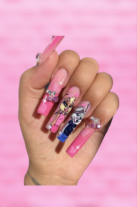 nail art bugs bunny theme #handpainted #handpaintednailart #bugsbunnynail #nailcharms #cherrycharms #longnails #ombrenails #pinknails #acrylicnails #nailart Bugs Bunny Nail Art, Bugs Bunny Nails, Bugs Bunny Lola, Bunny Theme, Lola Bunny, Bunny Nails, 2024 Nails, Painted Nail Art, Nail Charms