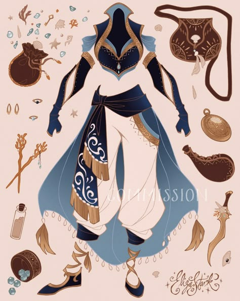 Blue Gold Outfit, Outfit Concept Art, Clothing Sketches, Art Outfits, Gold Outfit, Clothing Design Sketches, Drawing Anime Clothes, Fashion Design Drawings, Fantasy Dress