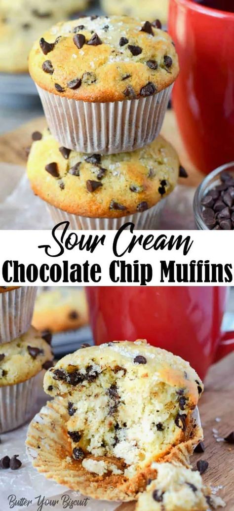 Sour Cream Chocolate Chip Muffins Muffins With Sour Cream, Moist Chocolate Chip Muffins, Sour Cream Muffins, Choc Chip Muffins, Chocolate Chip Muffin Recipe, Simple Muffin Recipe, Sour Cream Recipes, Banana Chocolate Chip Muffins, Food At Home