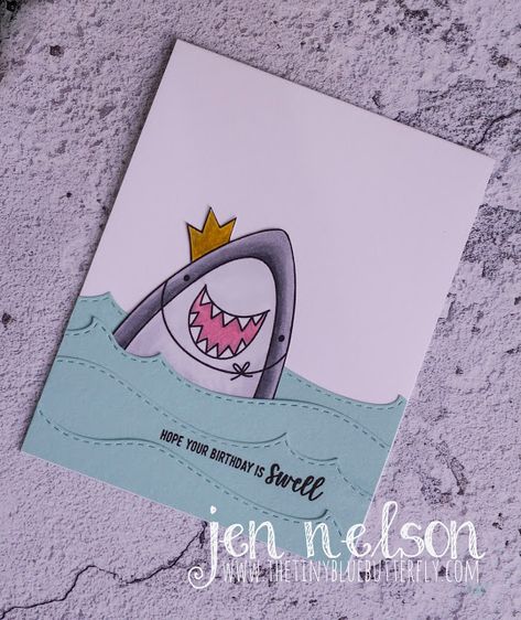 Shark Cards Handmade, Shark Birthday Cards, Swell Shark, Shark Birthday Card, Happy Birthday Frog, Blue Birthday Card, Easy Birthday Cards Diy, Happy Birthday Cards Handmade, Butterfly Handmade