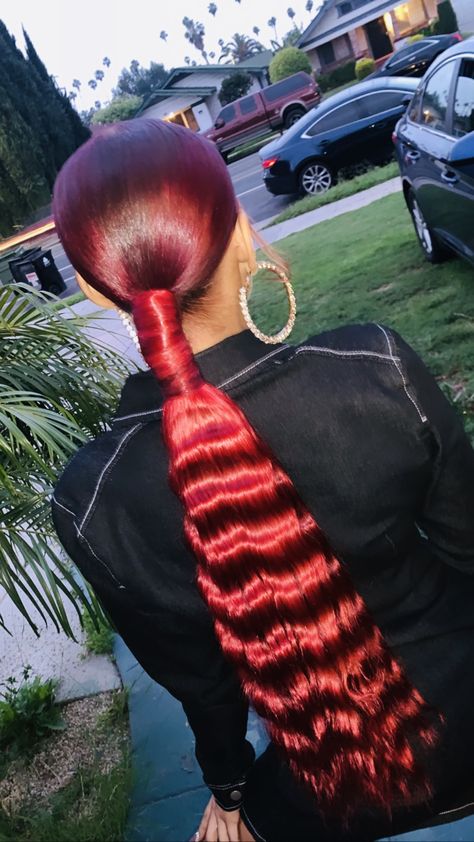 Low red ponytail. Weave hair. Black hairstyles. Crimped hair. Crimped ponytail Crimped Low Ponytail, Crimp Ponytail Black Women, Crimped Ponytail Black Women, Colored Ponytail Weave, Ponytail Hairstyles For Black Women Red Hair, Crimped Ponytail, Red Double Frontal Ponytail, Red Ponytail Hairstyles, Red Hair With Crimps