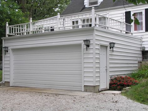 Flat Garage Roof Ideas, Flat Roof Garage Ideas, Tesla Garage, Flat Roof Garage, Flat Roof Deck, Tuck Under Garage, Deck Over Garage, Flat Roof Ideas, Above Garage Apartment