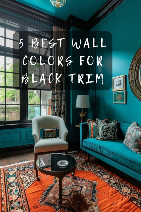 Wondering what color walls go with black trim? Here are some top choices that will perfectly complement your elegant trim. Click to explore these stylish options! 🎨🏡 #HomeDecor #BlackTrim #WallColors #InteriorDesign #DecorInspo Teal Walls Black Trim, White Rooms With Black Trim, Unique Trim Colors, Wall Colors With Black Trim, Blue Walls With Black Trim, Trim Painted Same Color As Walls, Black Trim Interior Living Rooms, Green Walls Black Trim, Painting Trim Same Color As Walls