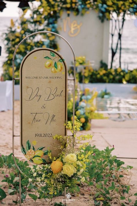 The bride desired about a wedding which expressed exactly the main colors of Mediterranean theme. After many discussions, we decided to go ahead with the pallete of Yellow & Blue creating a fresh and pleasant feeling right on Phu Quoc beach - which is known as paradise, the Pearl Island of Vietnam. #phidiepwedding #wedding #weddingplanning #weddingdecoration #destinationwedding Mediterranean Theme, Welcome Boards, Phu Quoc, Wedding Decor Inspiration, Welcome To Our Wedding, The Pearl, Go Ahead, Reception Decorations, Main Colors