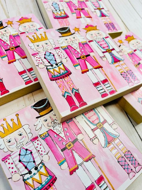 Paintings For Christmas Gifts, Nutcracker Acrylic Painting, Nutcracker Painting Canvas, Christmas Painting Crafts, Nutcracker Painting Ideas, Fun Things To Paint, Colorful Nutcracker, Nutcracker Painting, Pink Nutcracker Christmas