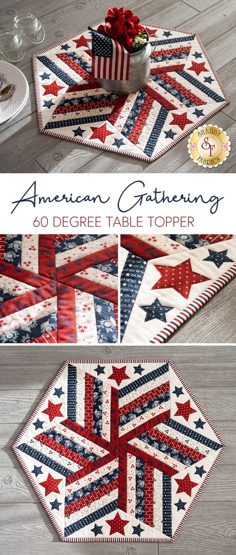 Enjoy the beautiful colors in this lovely star-shaped table-topper featuring the beautiful patriotic American Gathering fabric collection from Moda Fabrics! This table topper will add the perfect touch to your summer decor! Table Topper measures approximately 23½" x 23½". Table Topper Quilt Patterns Free, Round Quilted Table Topper Patterns Free, Gathering Fabric, Quilted Runners, Stars Table Topper, Quilted Placemat Patterns, Quilted Table Runners Christmas, Table Topper Patterns, Gathering Table