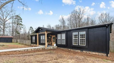 Painting Manufactured Home Exterior, Black Single Wide Trailer, Black Double Wide Exterior, Making A Manufactured Home Look Like A House, How To Make A Doublewide Look Like A House, Mobile Home Conversion, Black Double Wide Mobile Home Exterior, Modular Home Siding Ideas, Black Exterior Mobile Home