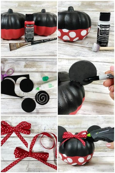 Minnie Mouse Pumpkin Painting Ideas, Halloween Disney Decorations Diy, Mini Mouse Pumpkin Painting Ideas, Disney Theme Pumpkin Painting, Mickey And Minnie Pumpkins, Mickey Mouse Painted Pumpkin, Diy Mickey Pumpkin, Painting Foam Pumpkins, Mickey Mouse Trunk Or Treat Ideas