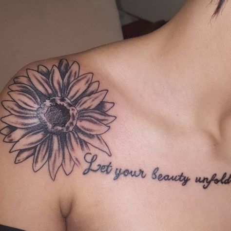 Tattoo On Front Shoulder, Sunflower Tattoo On Shoulder, Front Shoulder Tattoos, Sunflower Tattoo Shoulder, Tattoo On Shoulder, Sunflower Hearts, Med Tech, Skeleton Hand Tattoo, Back Of Shoulder Tattoo