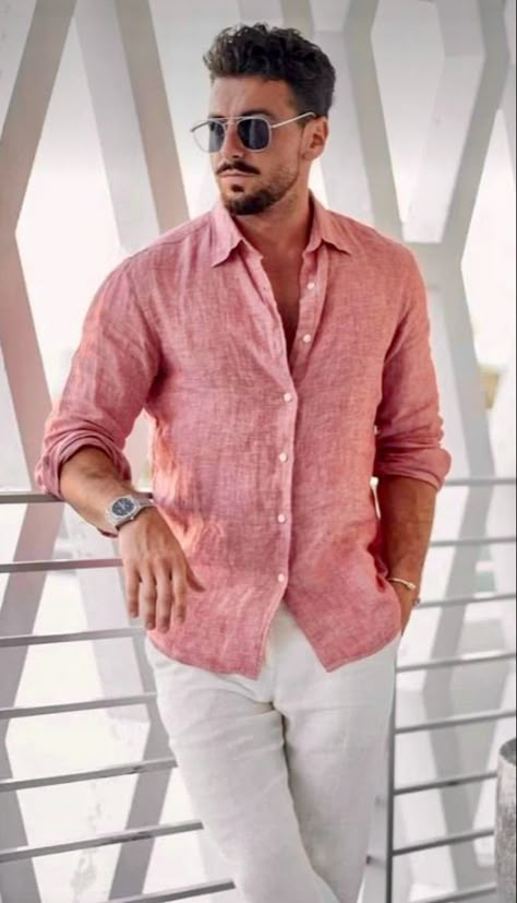 Pink Linen Shirt Men Outfit, Vineyard Wedding Guest Outfit Men, Lenin Shirt Men, Pink Shirt Outfit Men Formal, Pink Linen Shirt Men, Twentea Party, Guayabera Outfit For Men, Pink Shirt Outfit Men, Linen Men Outfit