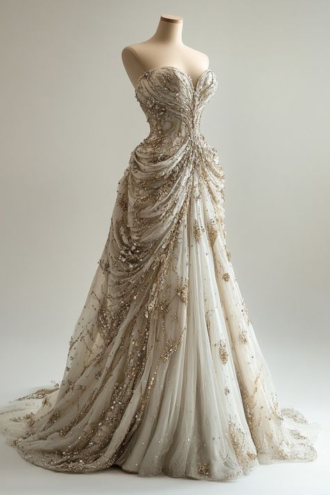 Ivory Gold Wedding Dress, Queen Like Wedding Dress, Rose Colored Wedding Dresses, Gilded Age Wedding Dress, Mythical Wedding Dress, Embroidery Gown Designs, Huge Wedding Dress, Princess Dresses Aesthetic, Brown Wedding Dress