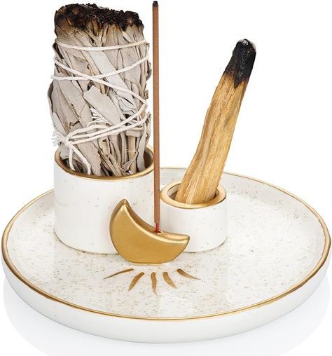 Amazon.com: ZenBless 4 in 1 Incense and Candle Holder for Burning Sage, Palo Santo - 5.9" Ceramic Ash Catcher Tray for Meditation Room (Gold) : Home & Kitchen Sage Holder, Cool Pottery, Burning Sage, Incense Holders, Meditation Room, Clay Art, Handmade Ceramics, Incense, Candle Holder