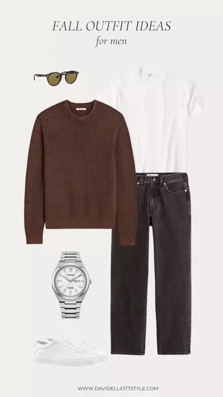 This outfit with a brown sweater from Madewell is perfect for a casual date night in the fall! Date Night Outfit For Men, Casual Fall Date Night Outfit, Date Night Outfit Men, Fall Date Night Outfit, Winter Date Outfits, Fall Date Night, Sweater Outfits Men, Casual Date Night, Dark Outfits