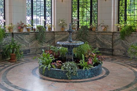 Interior Fountain Indoor Waterfall, Indoor Fountain Ideas Waterfalls, Meditation Room Inspiration, Modern Outdoor Fountains, Indoor Wall Fountains, Landscaping With Fountains, Indoor Courtyard, Modern Fountain, Home Fountain