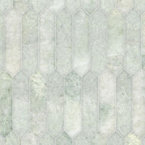 Picket stone mosaic shown in polished Ming Green | New Ravenna Ming Green Tile, Pool Texture, Green Marble Tiles, Picket Tile Backsplash, Ming Green Marble, Green Marble Bathroom, Carolina Interior Design, Penny Tiles Bathroom, Sea Glass Tile