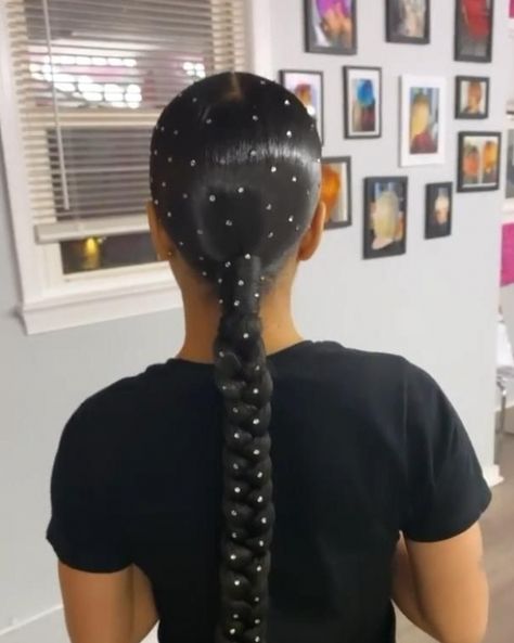 Bedazzled Ponytail, Braided Ponytail With Rhinestones, Ponytail With Rhinestones, Diamond Ponytail, Unique Ponytail Hairstyles, Ponytail Hairstyles With Diamonds, African American Ponytail Hairstyles, Braided Ponytail Weave, Birthday Braids