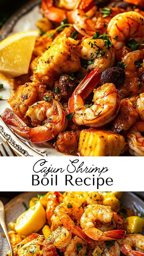 Dive into this Cajun shrimp boil, a hearty and flavorful dish perfect for fall recipes. With succulent shrimp, tender veggies, and smoky sausage, all seasoned with bold Cajun spices, this recipe is a no-fuss dinner that brings big flavor. It’s a one-pot meal that’s easy, delicious, and made for sharing! Cajun Shrimp Jambalaya Recipe, Shrimp And Sausage Crockpot Recipes, Seafood Hot Pot Recipe, Potato And Shrimp Recipe, Crock Pot Shrimp Boil, Cajun Dinner Ideas, Cajun Food Ideas, Cajun Bake, Shrimp Boil Instant Pot