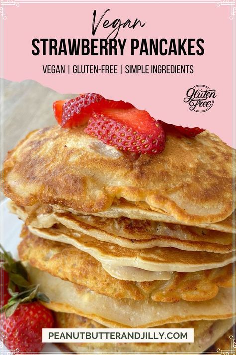 These Vegan Strawberry Pancakes are divine! They are fluffy on the inside, yet slightly crisp and golden on the outside! All you need are 6 simple ingredients and about 15 to 20 minutes. Enjoy with berries and maple syrup for a perfect plant-based breakfast! Option to make gluten-free super easily! Vegan Gluten Free Breakfast, Strawberry Pancakes, Vegan Biscuits, Vegan Waffles, Vegan Cinnamon Rolls, Vegan Pumpkin Pie, Gluten Free Recipes For Breakfast, Plant Based Breakfast, Gluten Free Pancakes