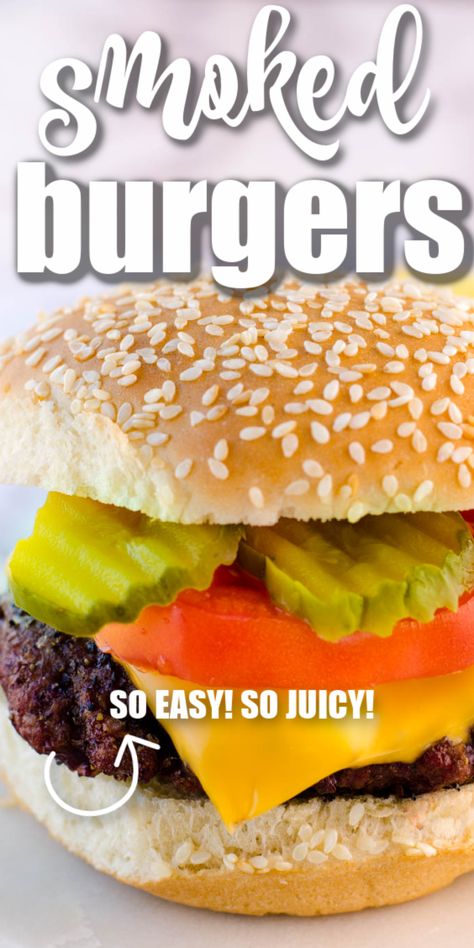 Oh my goodness... these smoked burgers were done in an hour and were SO juicy and good! #smoked #burgers #hamburgers #recipe #juicy Smoked Burgers Recipes, Charcoal Bbq Recipes, Quick Hamburger Recipes, Beef And Pork Burgers, Pit Boss Pellet Grill Recipes, Smoked Hamburgers, Smoked Burgers, On The Smoker, Juicy Hamburgers