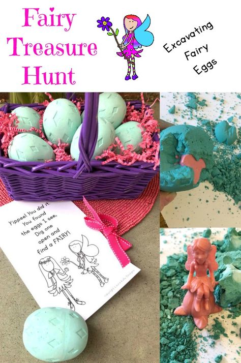 Excavating Fairy Eggs Treasure Hunt - Laura Kelly's Inklings Free printable and directions to create a scavenger hunt that ends with eggs to be excavated to find fairies! Fairy Egg, Fairy Games, Easter Baskets To Make, Believe In Fairies, Easter Fairy, Kids Tea Party, Fairy World, Fairy Tea Parties, Winter Birthday Parties