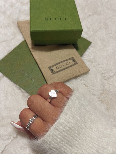 Designer Silver Rings, Gucci Ring Aesthetic, Promise Rings Aesthetic, Gucci Heart Ring, Silver Ring Stack, Gucci Ring, Gucci Nails, Jewelry Mood Board, Cute Promise Rings