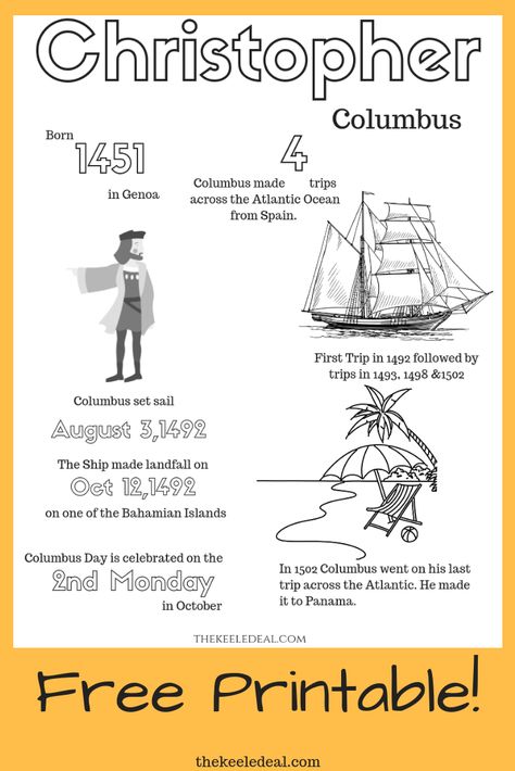 Free Printable Christopher Columbus Coloring page. This Coloring Page includes bite size facts about Christopher Columbus. #columbus #ChristopherColumbus #Columbusday #history #coloringpage #freeprintable Christopher Columbus Coloring Page Free, Christopher Columbus For Kids, Christopher Columbus Kindergarten, Christopher Columbus Projects, Christopher Columbus Craft, Christopher Columbus Worksheets, Christopher Columbus Facts, Christopher Columbus Activities, Free Kids Printables