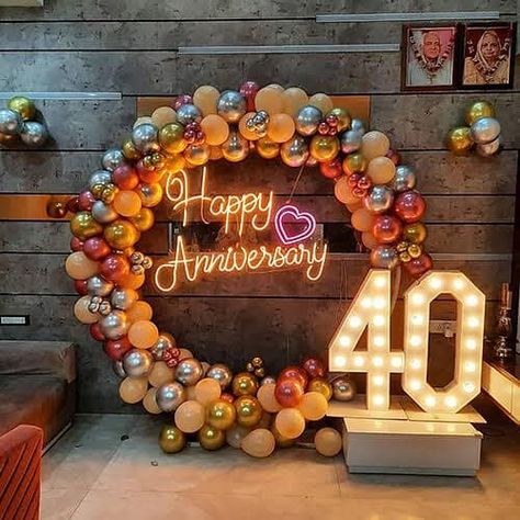 Total 450 Ring with chrome balloons Happy Birthday Neon light 1 Age marquee letter LD 1 cake table Decor and some balloons in hall Call +919560481939 #balloonthemepartycreation 40th Anniversary Decorations, 25th Anniversary Decorations, 40th Birthday Balloons, 25th Wedding Anniversary Party, 50th Anniversary Decorations, Anniversary Decoration, Cake Table Decorations, Romantic Anniversary, 25th Wedding Anniversary