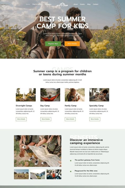 Starter Templates - Kadence Theme Kids Camp, Summer Camps For Kids, Summer Campaign, Website Design Layout, Day Camp, Template Site, Camping Activities, No Code, Home Activities