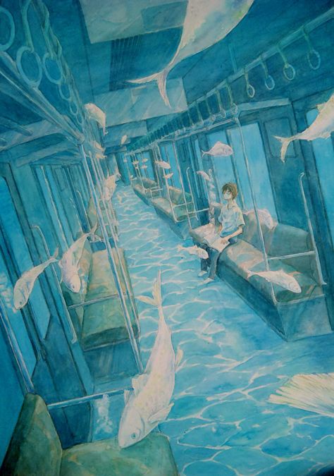 Illustration:  Underwater subway Watercolour Ideas, Japon Illustration, Perspective Drawing, Diagram Architecture, High School Art, Ap Art, Poses References, 판타지 아트, School Art