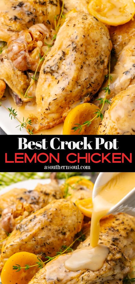 Best Crock Pot Lemon Chicken Crock Pot Lemon Chicken, Lemon Chicken Crockpot, Garlic Roast Chicken, Garlic Chicken Crockpot, Slow Cooker Lemon Chicken, Soul Recipes, Garlic Roast, Lemon Thyme Chicken, Roast Chicken Recipe