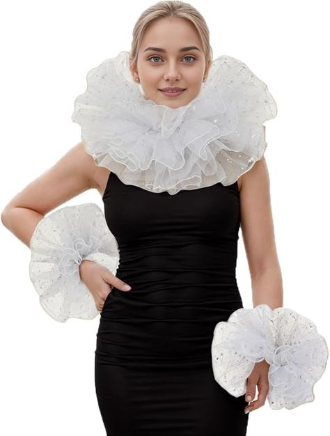 Amazon.com: ANDHOM Renaissance Victorian Ruffle Collar and Wrist Cuffs Set Organza Colonial Clown Choker Neck Collar Cuff White: Clothing, Shoes & Jewelry Clown Neck Ruffle, Victorian Theme Party, Victorian Ruffle Collar, Clown Collar, White Costume, White Costumes, Clown Costume, Detachable Collar, Neck Choker