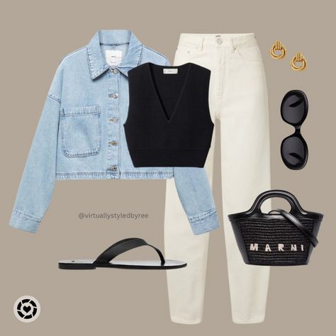 Cropped Denim Jacket Marni Bag Mango Top Anine Bing Earrings Denim Jacket Styling, Collage Fits, Cropped Denim Jacket Outfit, Cropped Jacket Outfit, Denim Crop Jacket, Cropped Outfits, Girl Goals, Outfit Collection, Christmas Fits