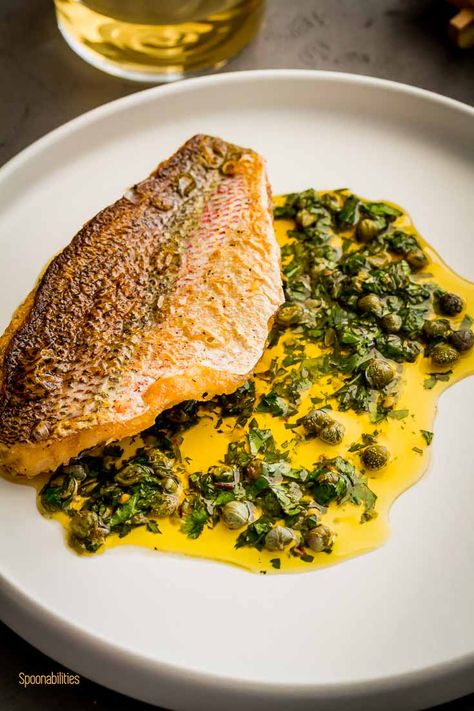 Crispy skin Snapper with Caper Salsa Recipe | Spoonabilities Skin On Snapper Recipes, Snapper Fillet Recipe, Yellowtail Snapper Recipe, Snapper Fillet Recipes, Yellowtail Recipe, Easy Fish Dinners, Red Snapper Recipes, Snapper Recipes, Cream Sauce For Chicken