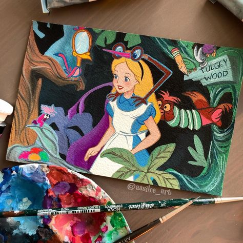 First commission of 2020! Feels good to start painting again😌 #AliceInWonderland framed painting🎨😁 #disney #gouache #alice #tulgeywood… | Instagram Disney Gouache Paintings, Painting Ideas Disney Characters, Disney Gouache, Disney Painting Ideas, Alice In Wonderland Painting, Alice In Wonderland Paintings, Disney Painting, Disney Minimalist, Disney Canvas Art