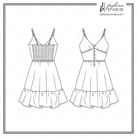 Fashion Illustration Flat Sketches, Garment Sketches Fashion Illustrations, Garment Flat Sketches, Flat Illustration Fashion, Flat Dress Sketch, Flat Sketch Of Dress, Flat Sketches Dress Front And Back, Sundress Drawing, Dresses Flat Sketch