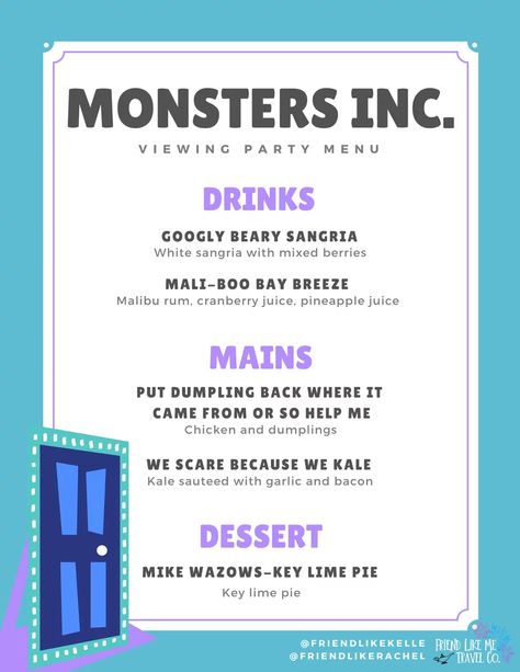 Monster Inc Dinner And A Movie, Monsters Inc Themed Dinner, Movie Themed Dinner Ideas Adult, Monsters Inc Dinner, Hocus Pocus Themed Dinner, Movie Theme Dinner, Disney Themed Dinner And Movie, Monsters Inc Movie Night, Movie Themed Dinner Ideas