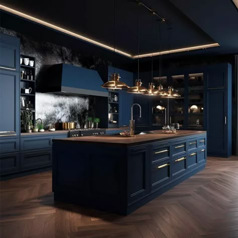 Bold Backsplash, American Style Kitchen, Blue Kitchen Ideas, Navy Blue Kitchen Cabinets, Dark Blue Kitchens, Kitchen Quartz, Blue Kitchen Designs, Island Farmhouse, Navy Blue Kitchen