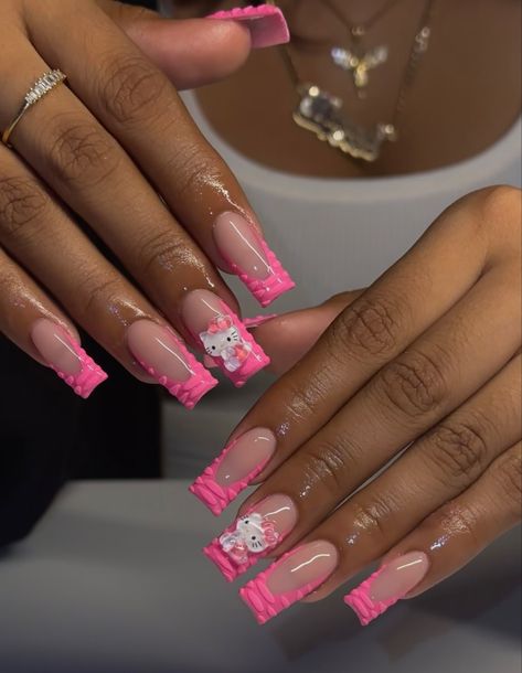 Pink Nails Ideas French Tip, Medium Nail Length Ideas, Pink French Tip Hello Kitty Nails, Hello Kitty Acrilyc Nails, Pick Nails Design, Nail Inspo Beginner, Hello Kitty Birthday Nails, Medium Length Pink Nails, Different Color French Tip Nails