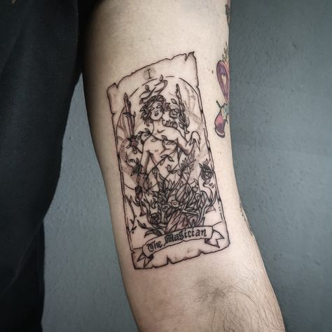 Tarot card tattoo Magician Tarot Card Tattoo, The Magician Tarot Tattoo, Tarot Tattoo Ideas, Magician Tarot Card, Magician Tarot, Tarot Card Tattoo, The Magician Tarot, Tarot Tattoo, Card Tattoo Designs