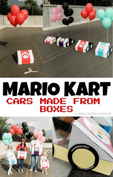 Mario Kart Cars Made From Boxes - Girl Loves Glam Princess Peach Kart Costume, Diy Mario Kart Car Halloween Costumes, Make Your Own Mario Kart, Super Mario Cart Halloween Costumes, Mario Cart Diy Costumes, Easy Mario Kart Costumes, Mario Kart Cars Diy, How To Make A Mario Kart Car, Mario Cart Halloween Costumes Family