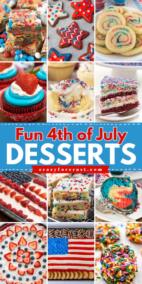 In search of fun desserts to make for the 4th of July! Check out this roundup of easy 4th of July recipes like cakes, cupcakes, cookies, no-bake treats, and more! So festive in red, white, and blue, these simple 4th of July desserts are sure to be a hit! Fourth Of July Food Recipes, July 4 Treats, Fun Fourth Of July Desserts, 4th Of July Treats Ideas, Fourth Of July Brownies, Red White And Blue Desserts Fourth Of July, Fourth Of July Baked Goods, July 4th Desserts Red White Blue, Fourth Of July Desserts For A Crowd