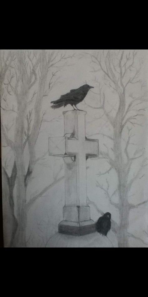 Cemetery Drawing Easy, Cemetary Drawings, Ominous Drawings, Gothic Drawings Easy, Grave Yard Drawing, Grave Sketch, Graveyard Sketch, Cemetery Drawing, Grave Drawing