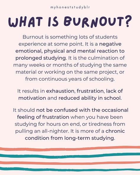 🤕 how to deal with burnout 🤕 • QOTD: do you have any exams coming up? • 💾 𝙎𝙖𝙫𝙚 𝙖𝙣𝙙 𝙨𝙝𝙖𝙧𝙚 𝙩𝙝𝙞𝙨 𝙥𝙤𝙨𝙩 𝙛𝙤𝙧 𝙧𝙚𝙛𝙚𝙧𝙚𝙣𝙘𝙚 𝙖𝙣𝙙 𝙩𝙤 𝙝𝙚𝙡𝙥 𝙚𝙣𝙜𝙖𝙜𝙚𝙢𝙚𝙣𝙩! (𝙖𝙣𝙙 𝙛𝙤𝙡𝙡𝙤𝙬 @myhoneststudyblr 𝙛𝙤𝙧 𝙢𝙤𝙧𝙚!) • ⬅️ 𝙨𝙬𝙞𝙥𝙚 𝙩𝙤 𝙨𝙚𝙚 𝙢𝙮 𝙩𝙞𝙥𝙨 • Lots of people have struggled with burnout and I think we can all agree that it’s not very nice! I hope that this post helps you understand burnout more and gives you some strategies to prevent and then recover from it! • 𝐖𝐇𝐀𝐓’𝐒 𝐂𝐎𝐕𝐄𝐑𝐄𝐃 [🤔] What is burnout? —> Burnout is a negative emotiona... Student Burnout, Nurse Burnout, Pulling An All Nighter, Life Advice Quotes, Lack Of Motivation, Lots Of People, Chronic Condition, Advice Quotes, Life Advice