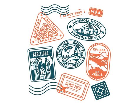 Stamp designs Tourism Logo, Postage Stamp Design, Travel Stamp, Craft Logo, Passport Stamps, Illustration Procreate, Wedding Stationery Design, 카드 디자인, Design And Illustration