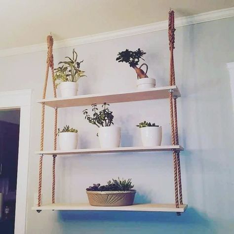 Ceiling Hanging Shelf, Hanging Rope Shelf, Shelf Hanging From Ceiling, Ceiling Hanging Shelves, Ceiling Mounted Shelves, Projector Ideas, Downstairs Kitchen, Shelves Dimensions, Hanging Rope Shelves