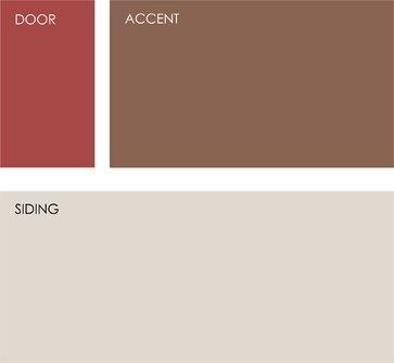 Example palette: Clockwise from top left (all from Martha Stewart Living): Maine Lobster MSL024, Roan MSL049 and Whetstone Gray MSL258. Rust Front Door Colors, Tan House Brown Trim, Cottage Shutters, Exterior House Doors, Tan House, Brown Roof, Shed Makeover, Front Door Paint Colors, Brown House