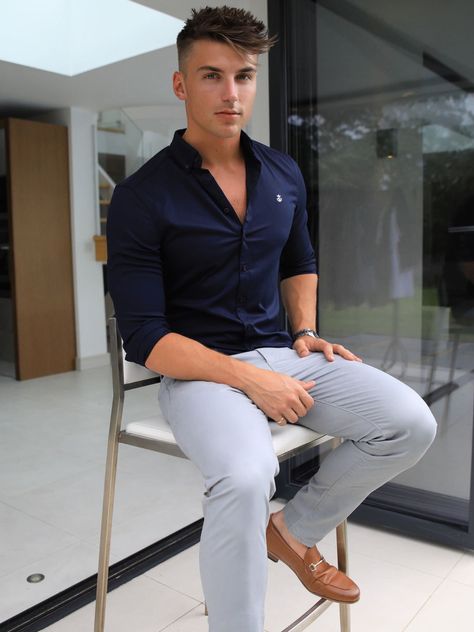 Grey Pant Formal Outfit Men, Grey Pant Combination Shirt For Men, Chino Wedding Outfit Men, Men Formal Casual Outfits, Formal Look For Men Wedding, Pant Shirt Combination Men Formal Casual, Light Grey Chinos Men Outfits, Dark Blue Shirt Outfit Men Casual, Men Lululemon Outfit