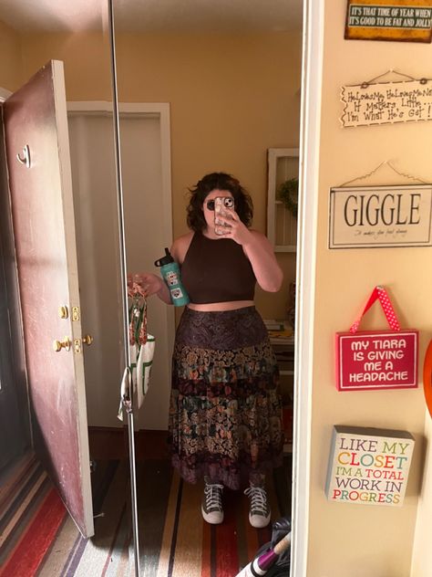 Overalls With Button Down Shirt, Plus Size Whimsigoth Summer, Casual Cottagecore Outfits Plus Size, Boho Grunge Outfits Summer Plus Size, Whimsigoth Summer Outfits Plus Size, Curvy Long Skirt Outfit, Plus Size Fairycore Grunge, Boho Fits Plus Size, Earthy Grunge Outfits Plus Size